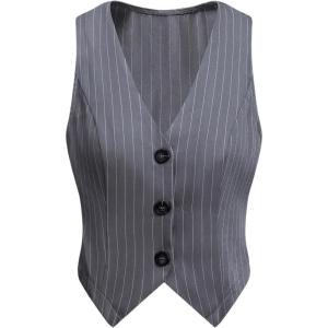 imageSOLY HUX Womens Striped V Neck Sleeveless Button Front Blazer Vest WaistcoatGrey Striped