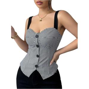 imageSOLY HUX Womens Vintage Tank Tops Button Down Houndstooth Vest Sleeveless Fitted TopBlack and White