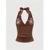 imageSOLY HUX Womens Y2K Halter Neck Tank Top Vintage Floral Vest Deep V Lace Fitted Shirt Summer StreetwearBrown Floral