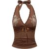 imageSOLY HUX Womens Y2K Halter Neck Tank Top Vintage Floral Vest Deep V Lace Fitted Shirt Summer StreetwearBrown Floral