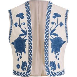 imageSOLY HUX Womens Floral Embroidery Vest Boho Casual Open Front Sleeveless Cardigan WaistcoatBlue and White Floral