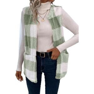 imageSOLY HUX Womens Plaid Vest Coat Open Front Sleeveless Teddy Outerwear with PocketGreen Plaid