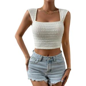 imageSOLY HUX Womens Square Neck Crop Tank Tops Going Out Slim Fit Tops Sleeveless Summer VestPlain Beige