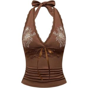 imageSOLY HUX Womens Y2K Halter Neck Tank Top Vintage Floral Vest Deep V Lace Fitted Shirt Summer StreetwearBrown Floral