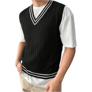 imageSOLY HUX Mens Striped Cable Knit Sweater Vest V Neck Sleeveless Casual School Sweater TopsBlack Striped