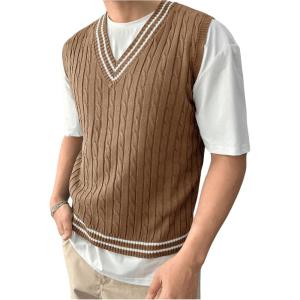imageSOLY HUX Mens Striped Cable Knit Sweater Vest V Neck Sleeveless Casual School Sweater TopsBrown Striped