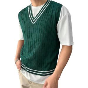 imageSOLY HUX Mens Striped Cable Knit Sweater Vest V Neck Sleeveless Casual School Sweater TopsDark Green Striped