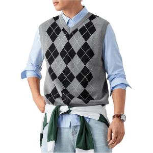 imageSOLY HUX Mens Striped Cable Knit Sweater Vest V Neck Sleeveless Casual School Sweater TopsGrey Argyle