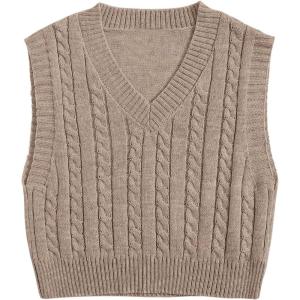 imageSOLY HUX Womens Cable Knit V Neck Sweater Vest Sleeveless Casual Cropped Knit VestApricot