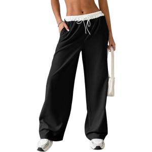 imageSOLY HUX Womens Drawstring Elastic Waist Wide Leg Pants Color Block Long Pants with PocketsBlack and White