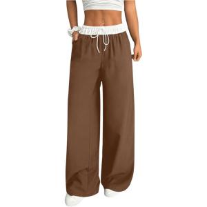 imageSOLY HUX Womens Drawstring Elastic Waist Wide Leg Pants Color Block Long Pants with PocketsBrown and White