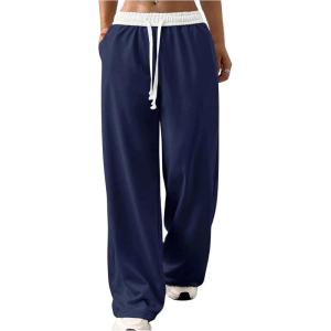 imageSOLY HUX Womens Drawstring Elastic Waist Wide Leg Pants Color Block Long Pants with PocketsDark Blue and White