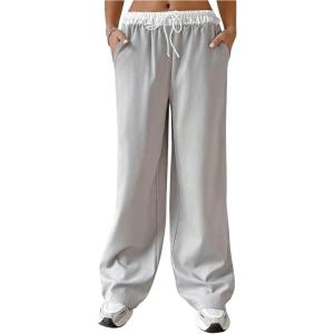 imageSOLY HUX Womens Drawstring Elastic Waist Wide Leg Pants Color Block Long Pants with PocketsGrey and White