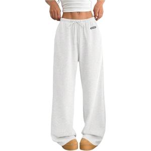 imageSOLY HUX Womens Drawstring Sweatpants Low Rise Baggy Wide Leg Pants with PocketsWhite Letter
