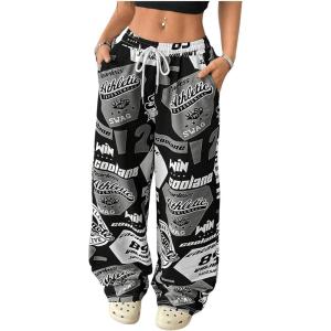 imageSOLY HUX Womens Graphic Baggy Pants Drawstring High Waisted Baggy Sweatpants with Pocket StreetwearBlack Graphic