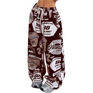 imageSOLY HUX Womens Graphic Baggy Pants Drawstring High Waisted Baggy Sweatpants with Pocket StreetwearCoffee Brown