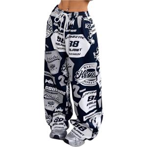 imageSOLY HUX Womens Graphic Baggy Pants Drawstring High Waisted Baggy Sweatpants with Pocket StreetwearDark Blue