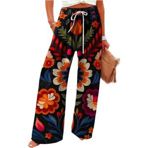 imageSOLY HUX Womens High Waisted Boho Floral Pants Summer Beach Vacation Loose Palazzo TrousersBlack Floral