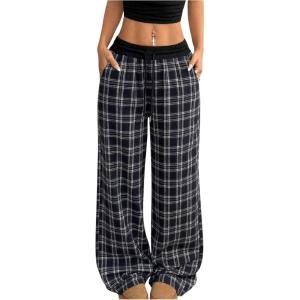 imageSOLY HUX Womens Plaid Pants Drawstring Waist Wide Leg Baggy Pants Long Trousers with PocketsMulticoloured Plaid