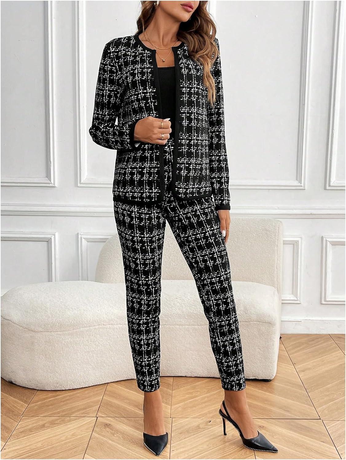 imageSOLY HUX Womens 2 Piece Outfit Plaid Open Front Long Sleeve Blazer and Pants Work Office SetBlack and White