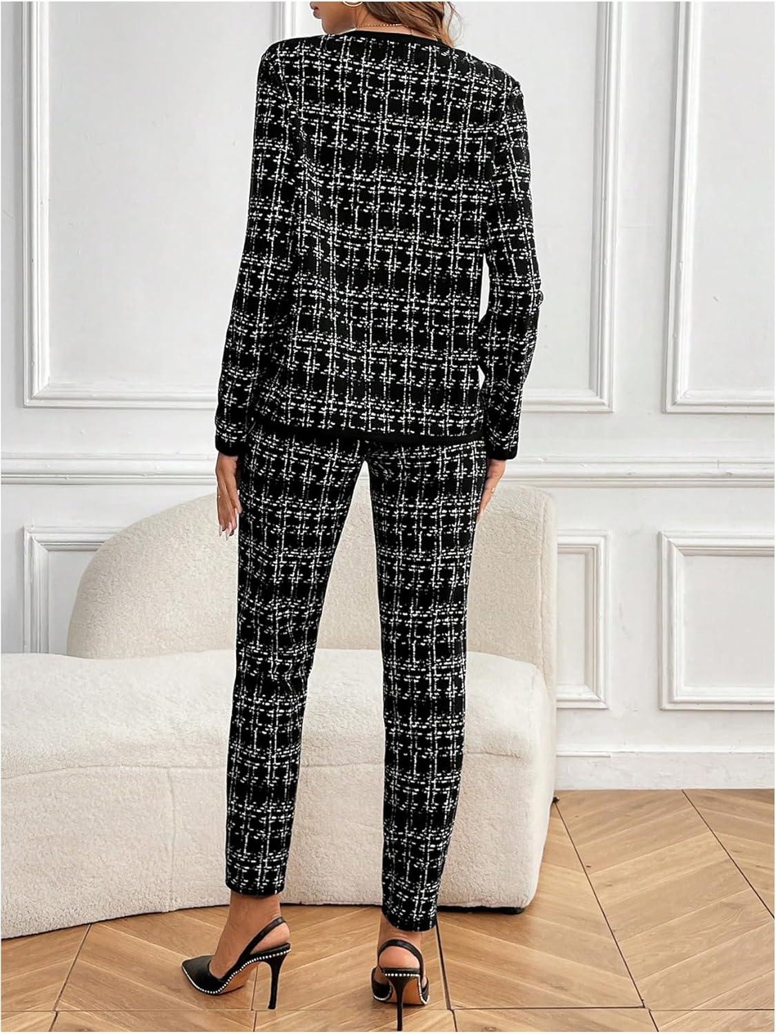 imageSOLY HUX Womens 2 Piece Outfit Plaid Open Front Long Sleeve Blazer and Pants Work Office SetBlack and White