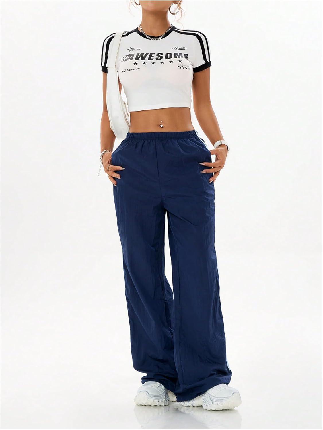 imageSOLY HUX Womens Casual Parachute Pants Wide Leg Baggy Pants Y2K Elastic Waist Sweatpants StreetwearDark Blue
