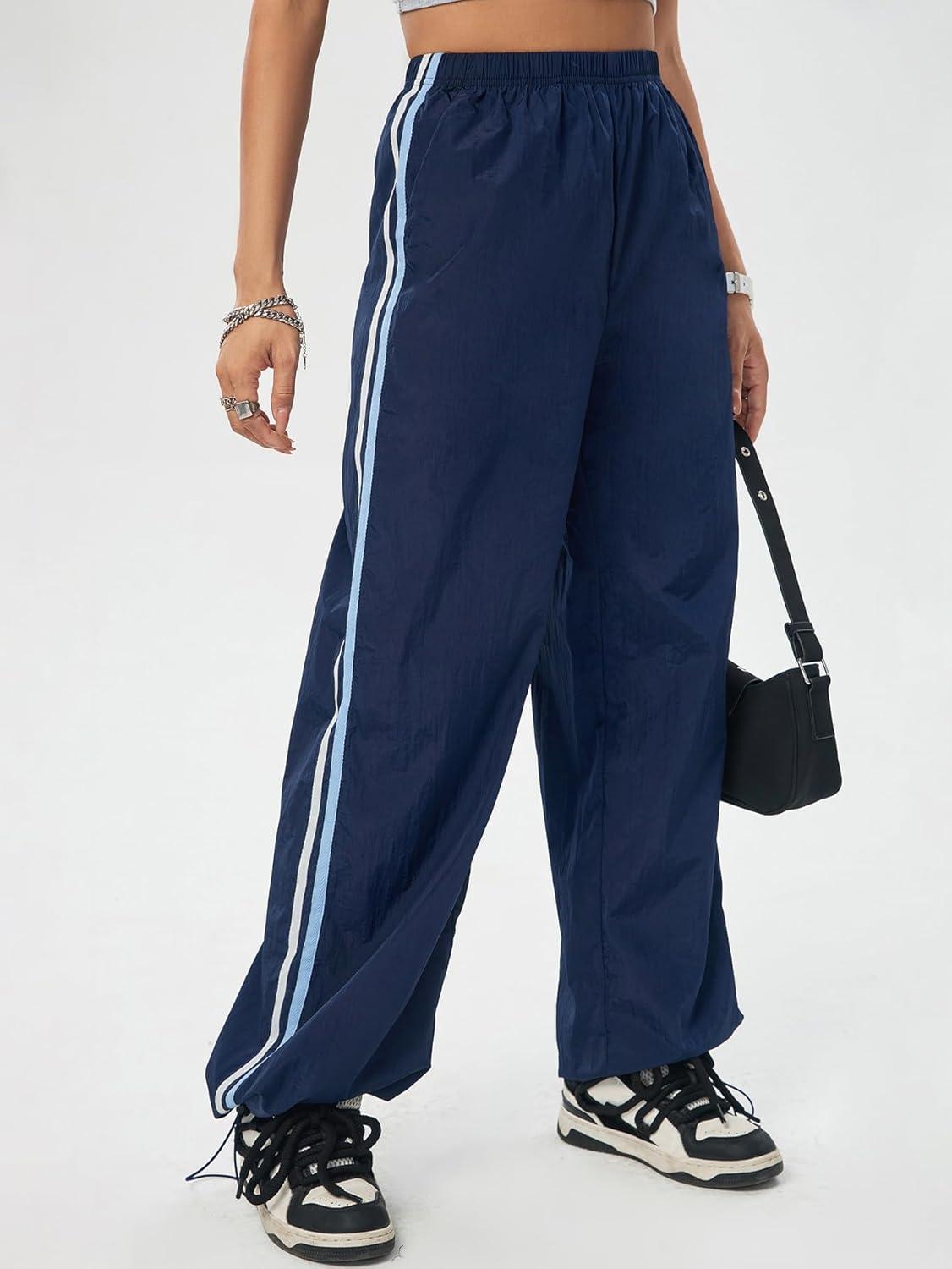 imageSOLY HUX Womens Casual Parachute Pants Wide Leg Baggy Pants Y2K Elastic Waist Sweatpants StreetwearDark Blue