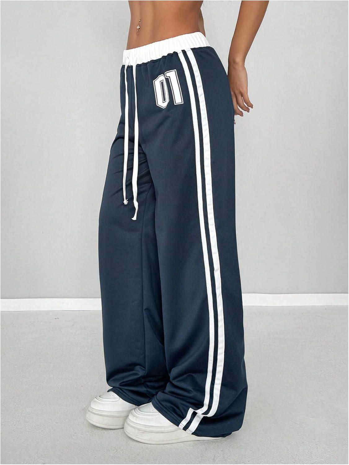 imageSOLY HUX Womens Drawstring Waist Sports Sweatpants Retro Wide Leg Baggy Pants StreetwearBlue Printed