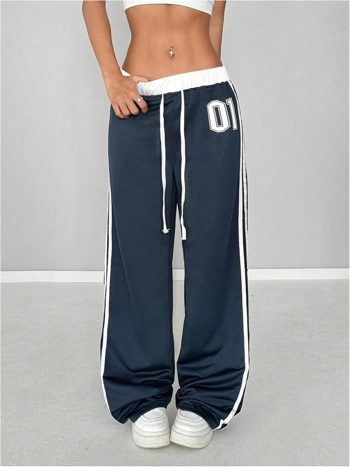 imageSOLY HUX Womens Drawstring Waist Sports Sweatpants Retro Wide Leg Baggy Pants StreetwearBlue Printed