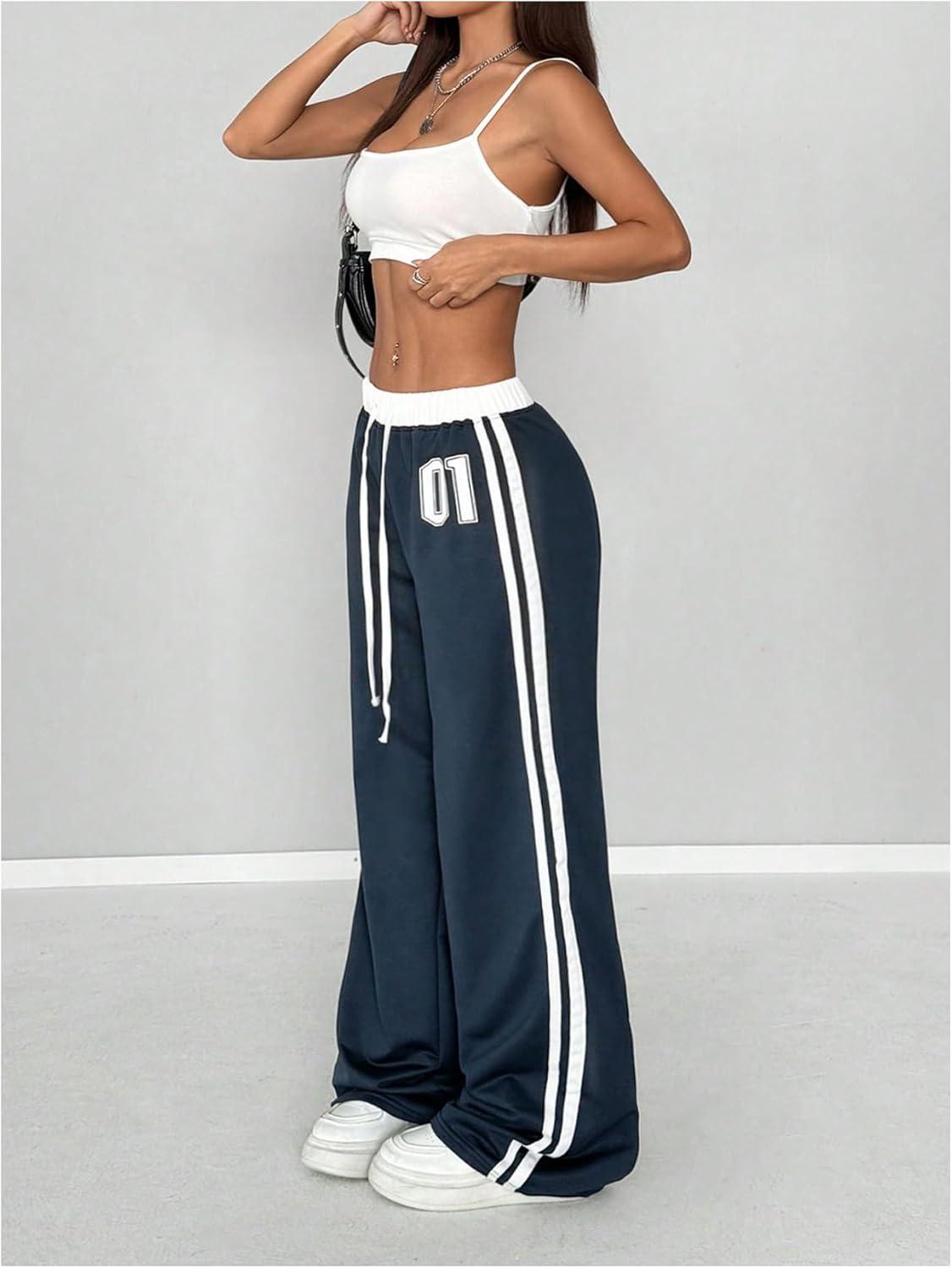 imageSOLY HUX Womens Drawstring Waist Sports Sweatpants Retro Wide Leg Baggy Pants StreetwearBlue Printed