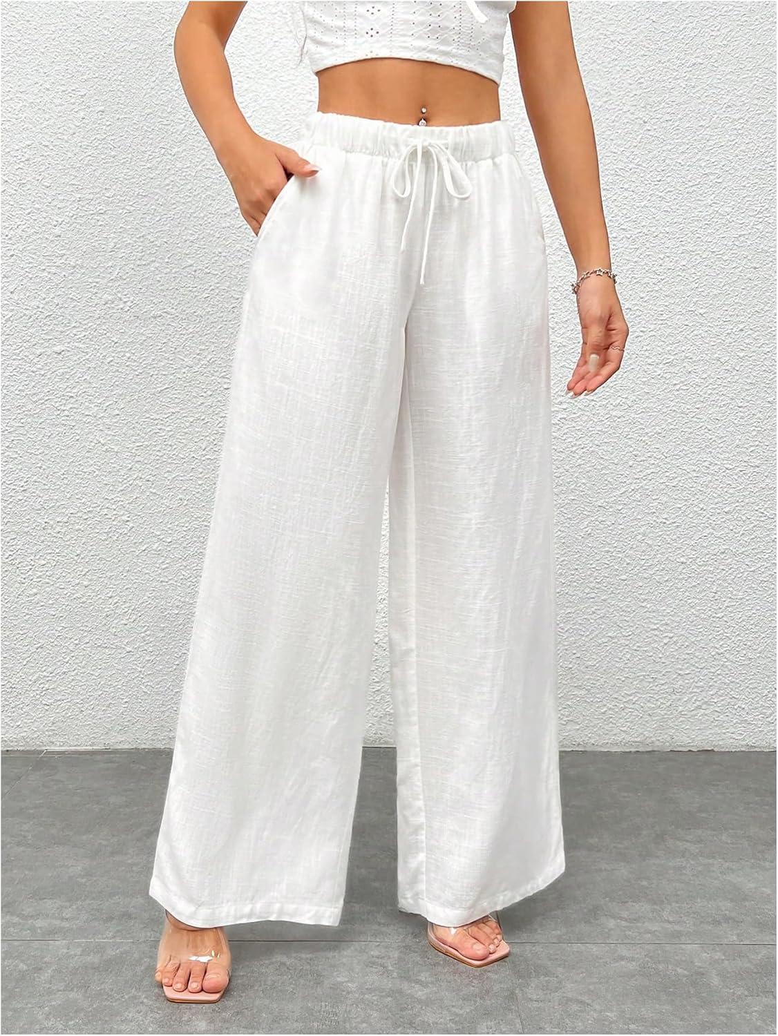 imageSOLY HUX Womens Drawstring Waist Wide Leg Palazzo Pants Summer Loose Trousers with PocketsSolid White