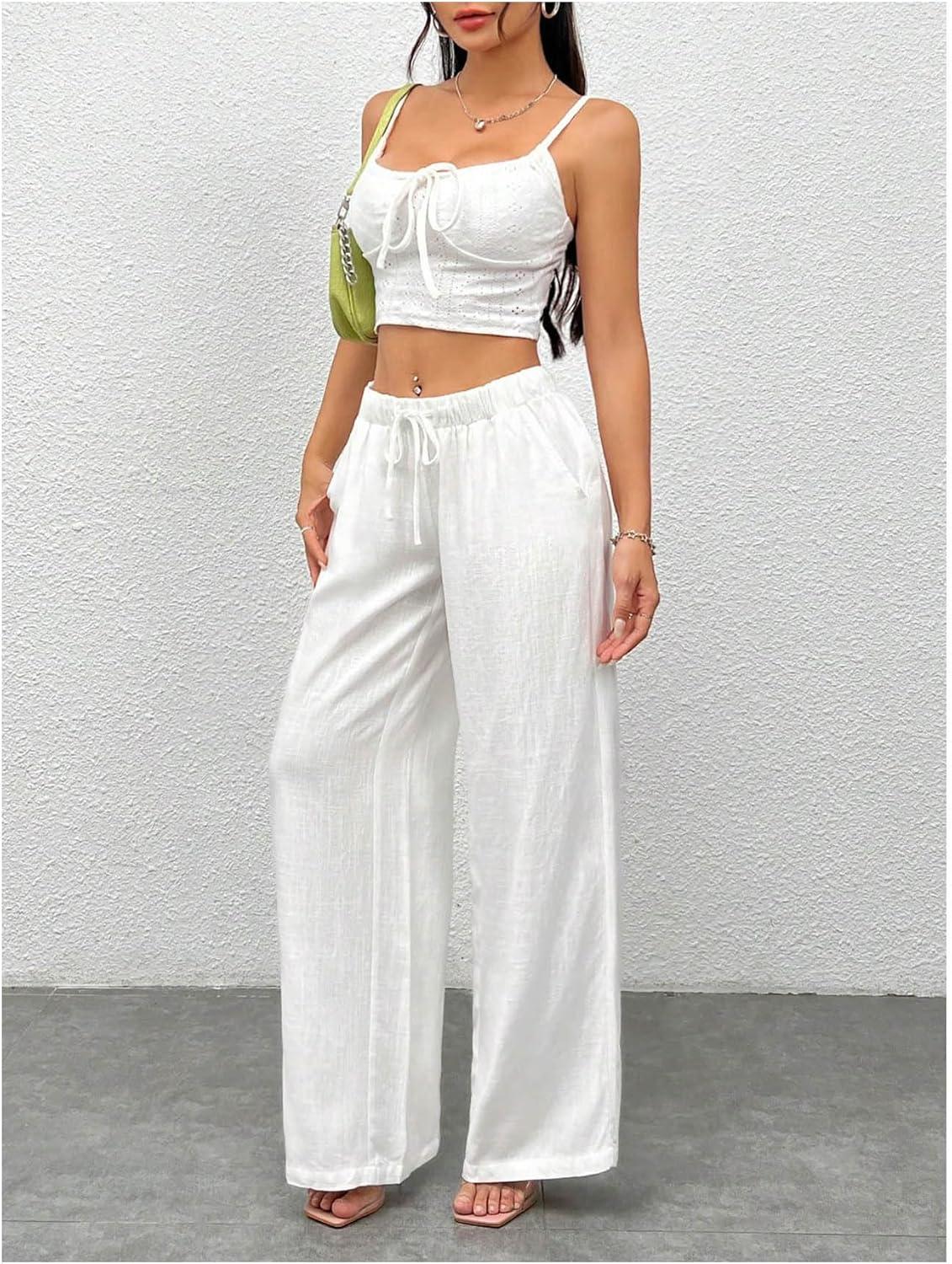 imageSOLY HUX Womens Drawstring Waist Wide Leg Palazzo Pants Summer Loose Trousers with PocketsSolid White