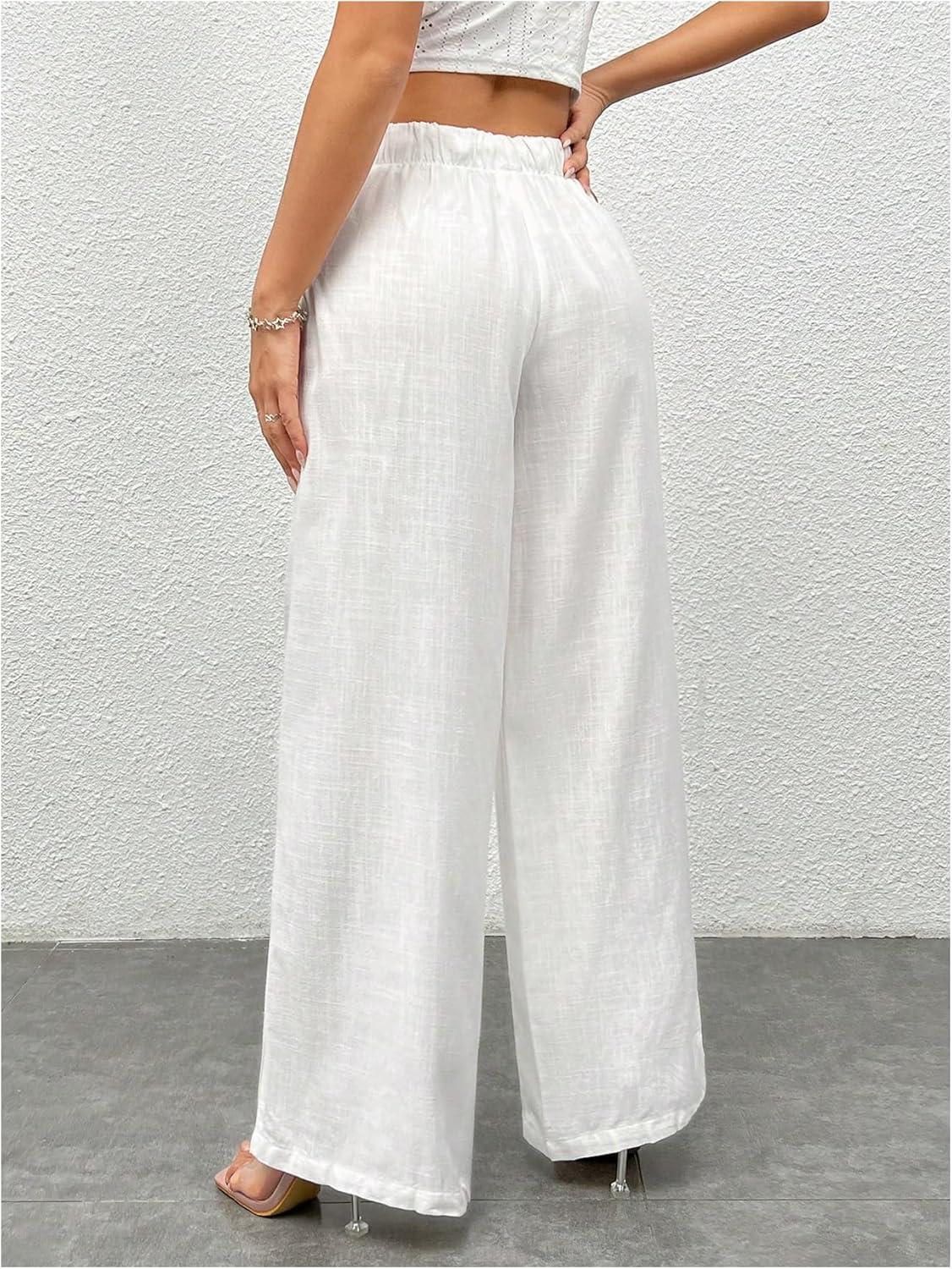 imageSOLY HUX Womens Drawstring Waist Wide Leg Palazzo Pants Summer Loose Trousers with PocketsSolid White