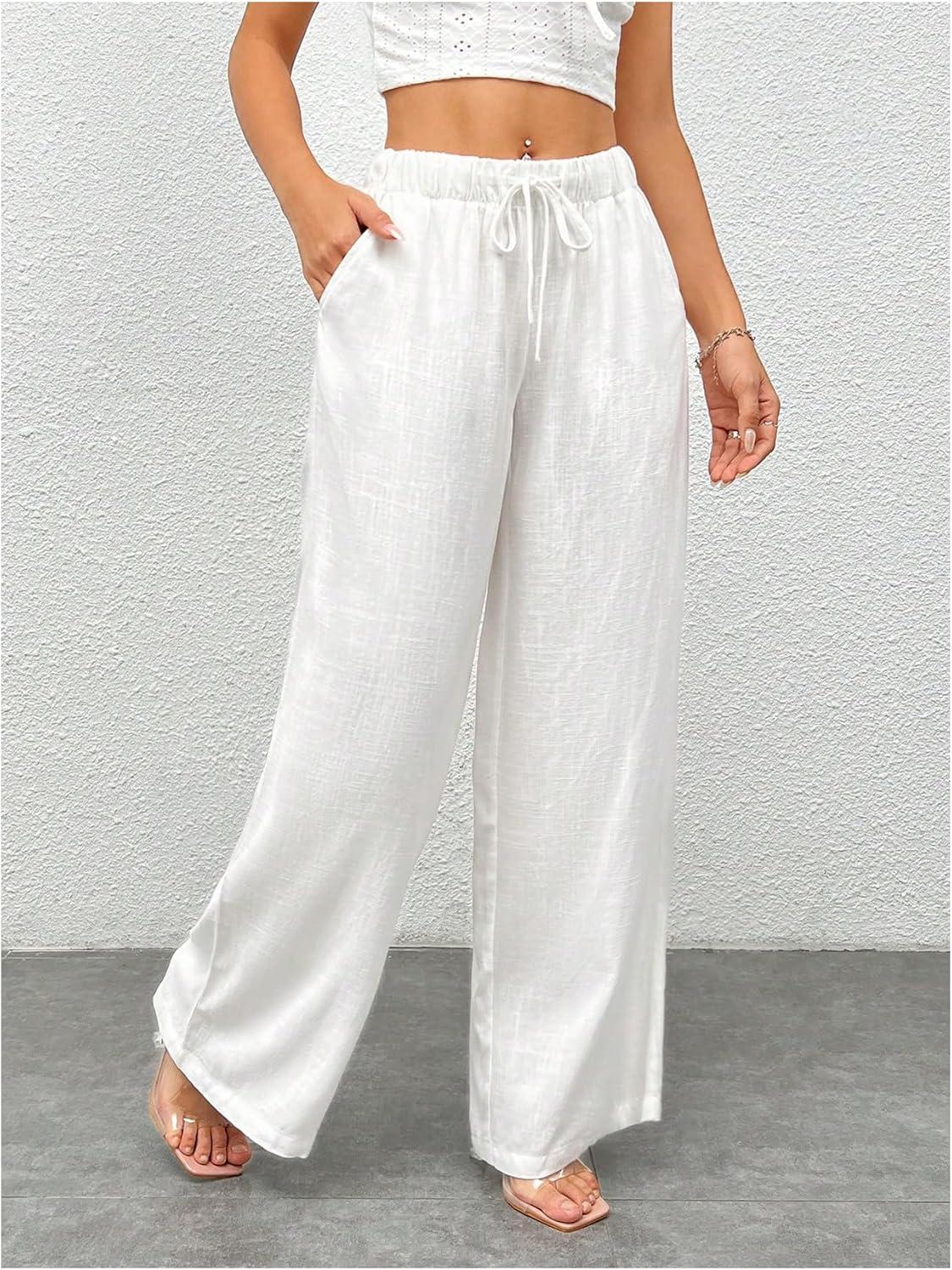 imageSOLY HUX Womens Drawstring Waist Wide Leg Palazzo Pants Summer Loose Trousers with PocketsSolid White