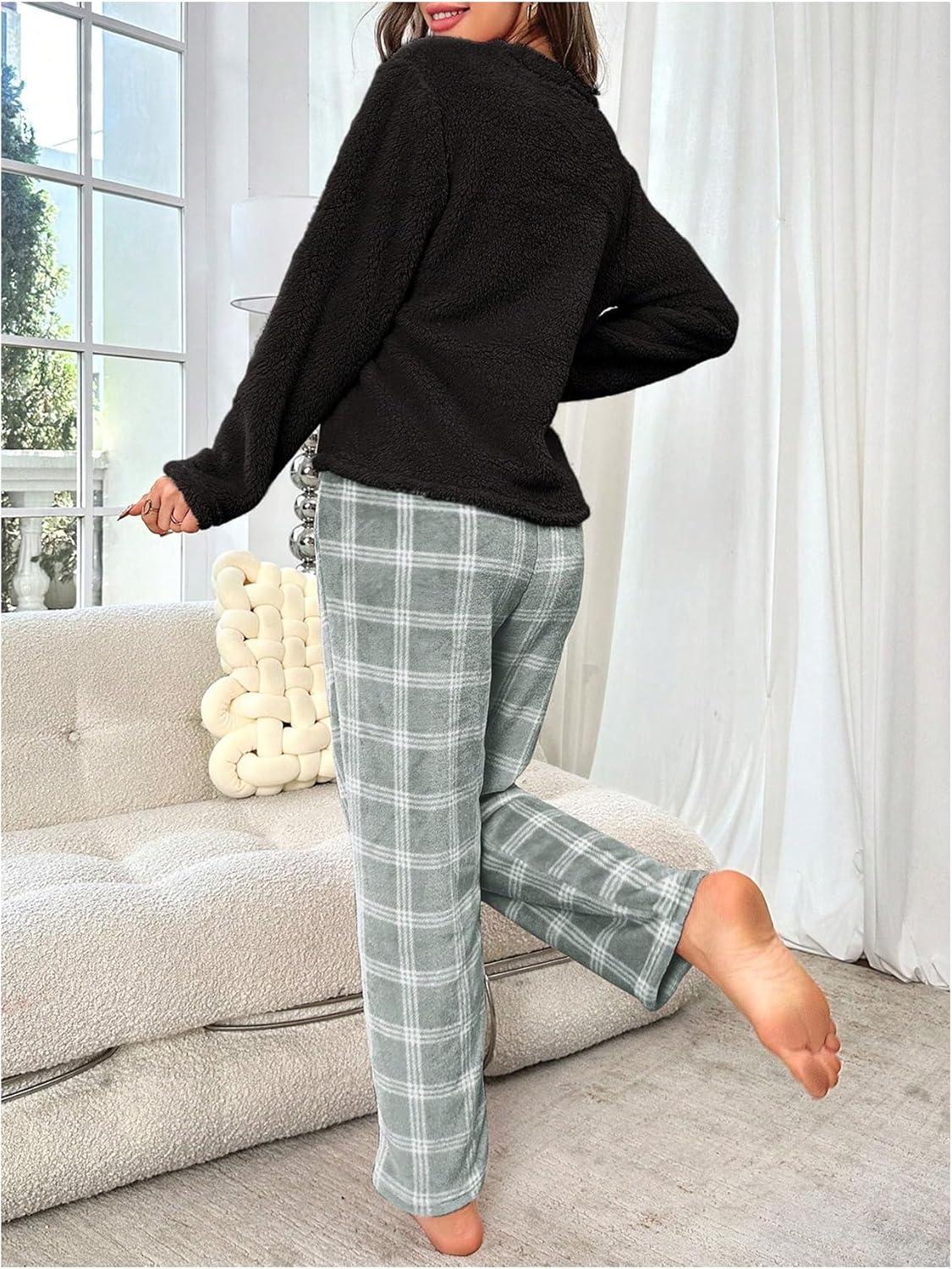 imageSOLY HUX Womens Pajama Set Fuzzy Long Sleeve Tee Tops and Plaid Pants Loungewear SleepwearBlack Plaid