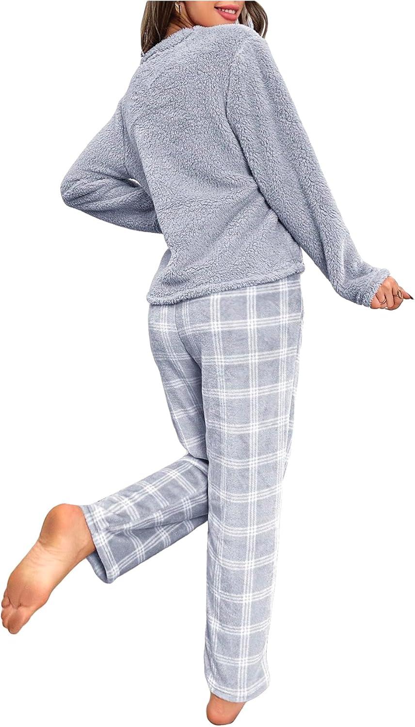 imageSOLY HUX Womens Pajama Set Fuzzy Long Sleeve Tee Tops and Plaid Pants Loungewear SleepwearBlue Plaid
