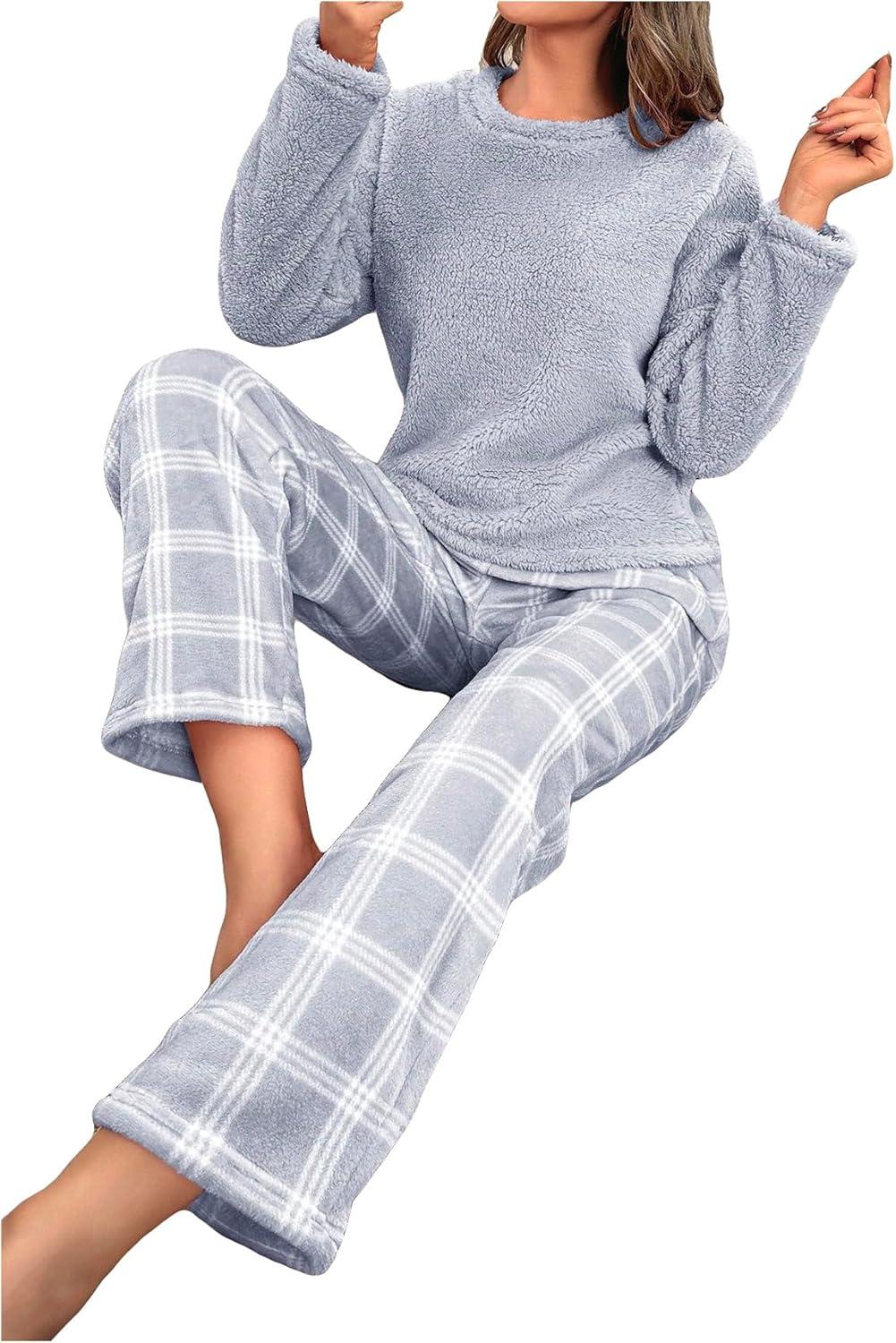 imageSOLY HUX Womens Pajama Set Fuzzy Long Sleeve Tee Tops and Plaid Pants Loungewear SleepwearBlue Plaid