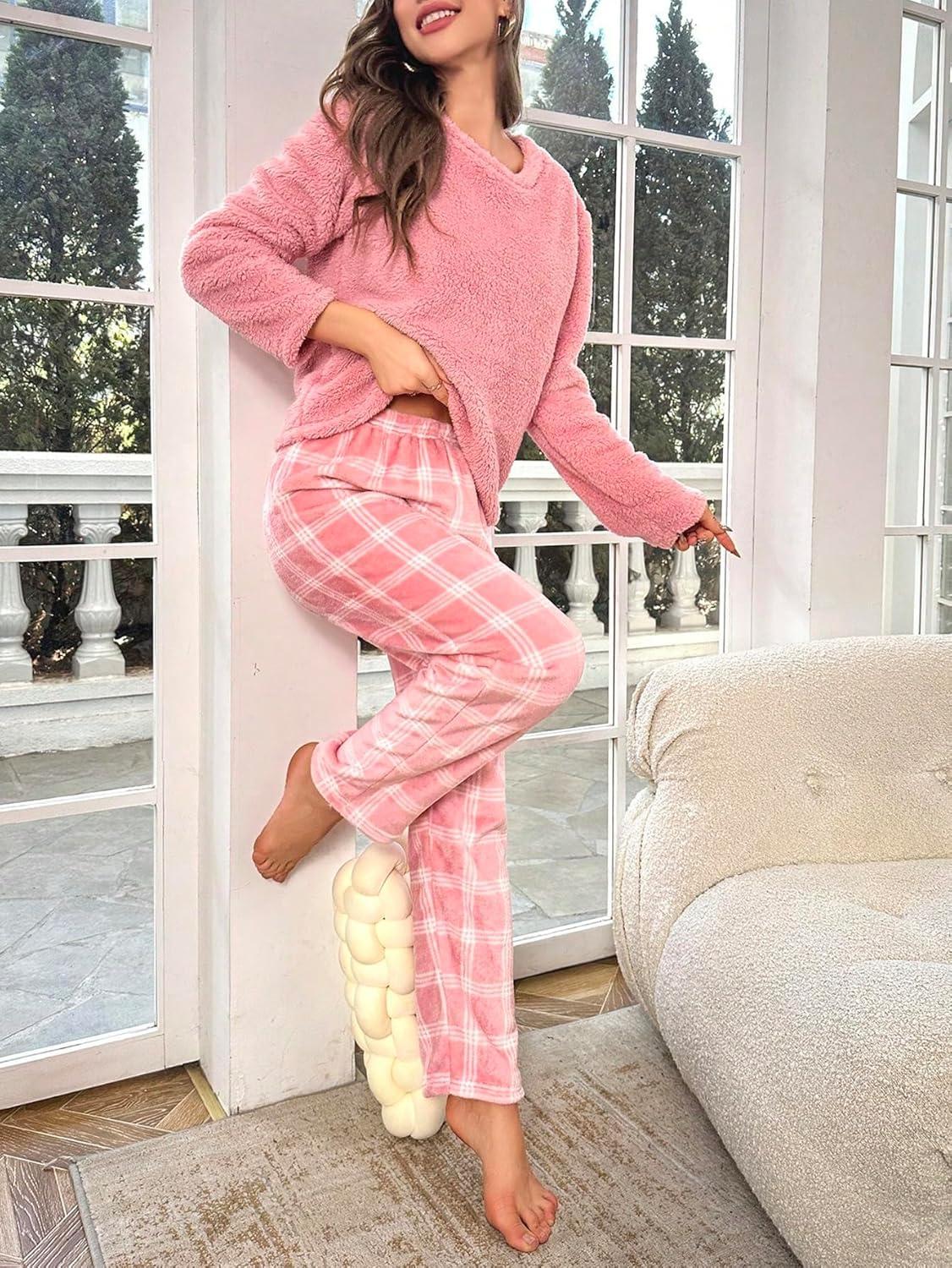 imageSOLY HUX Womens Pajama Set Fuzzy Long Sleeve Tee Tops and Plaid Pants Loungewear SleepwearPink Plaid