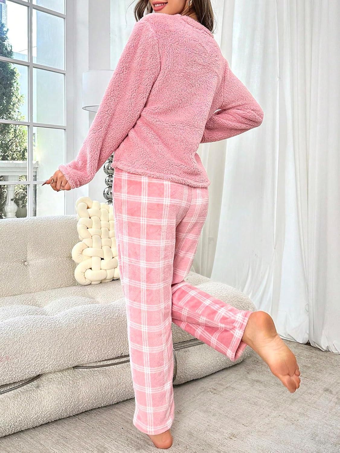 imageSOLY HUX Womens Pajama Set Fuzzy Long Sleeve Tee Tops and Plaid Pants Loungewear SleepwearPink Plaid