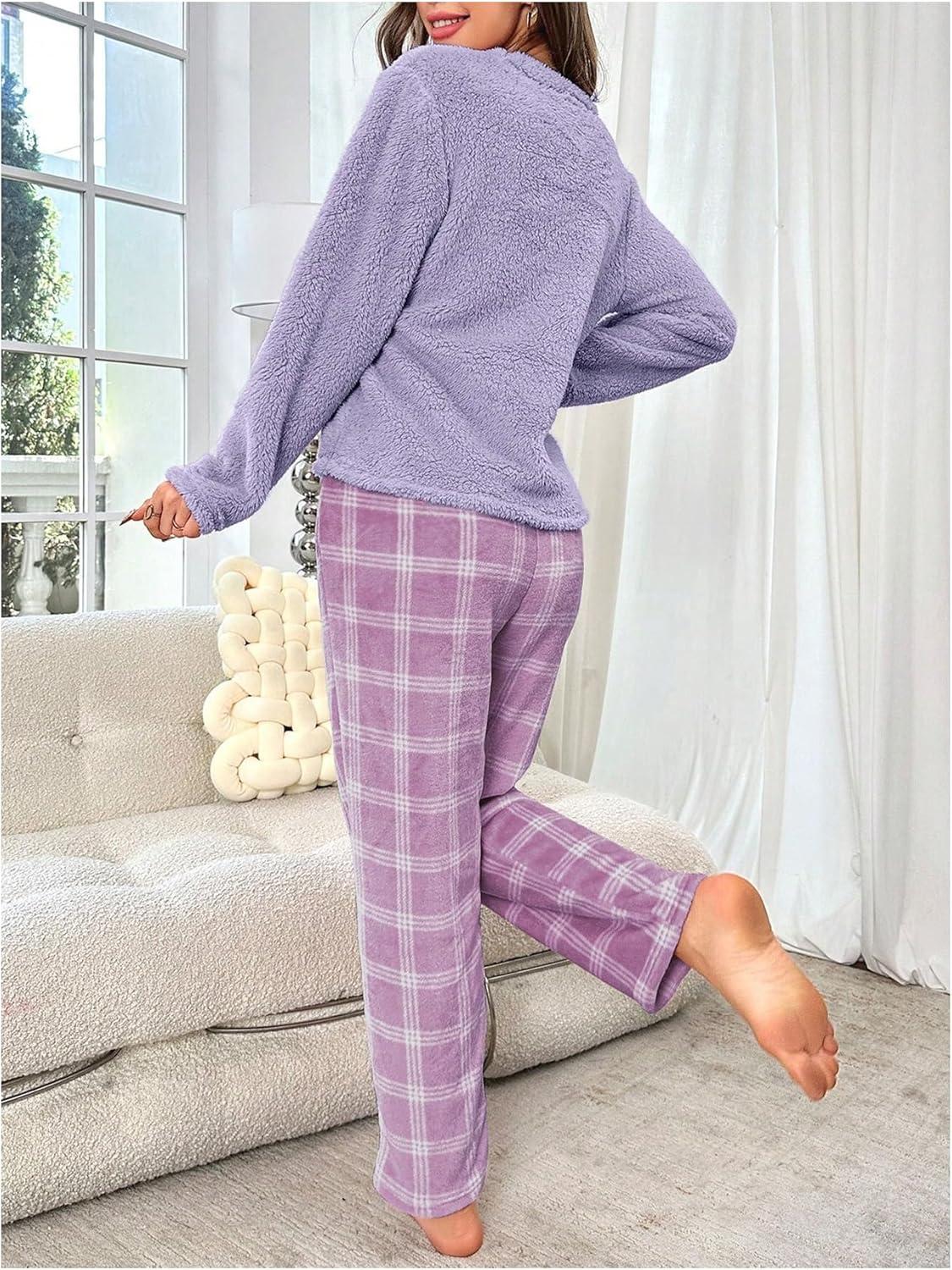 imageSOLY HUX Womens Pajama Set Fuzzy Long Sleeve Tee Tops and Plaid Pants Loungewear SleepwearPurple Plaid