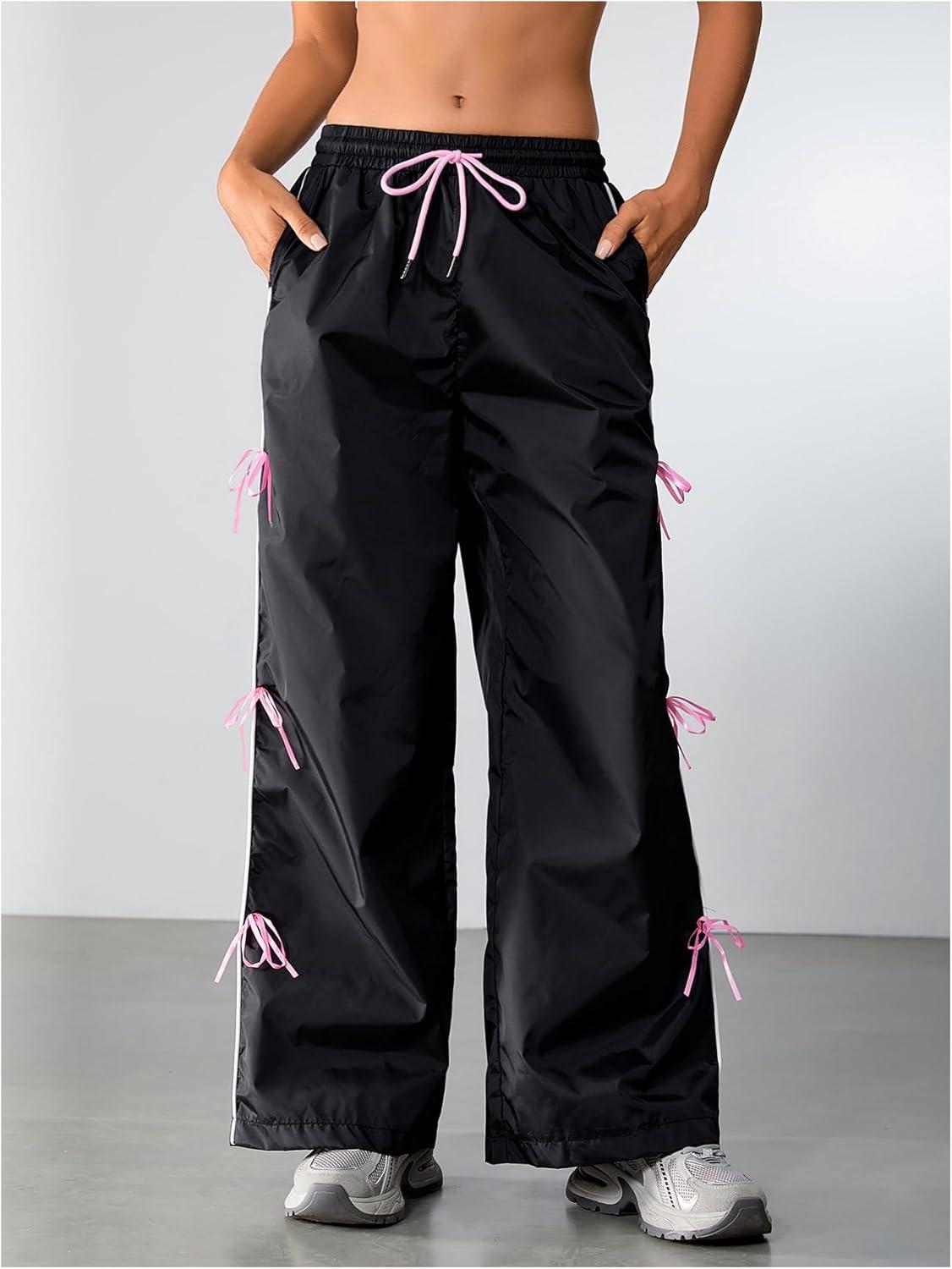 imageSOLY HUX Womens Parachute Pants Y2k Baggy Track Pants Bowknot Wide Leg Sweatpants Loose Casual StreetwearBlack and Pink