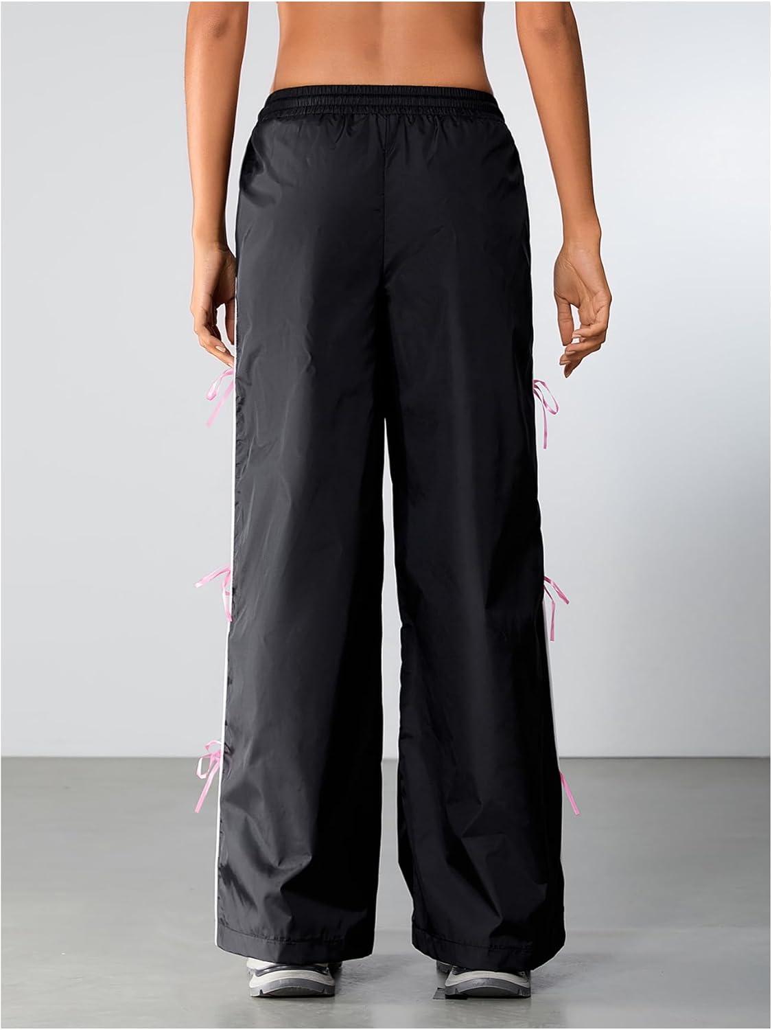 imageSOLY HUX Womens Parachute Pants Y2k Baggy Track Pants Bowknot Wide Leg Sweatpants Loose Casual StreetwearBlack and Pink
