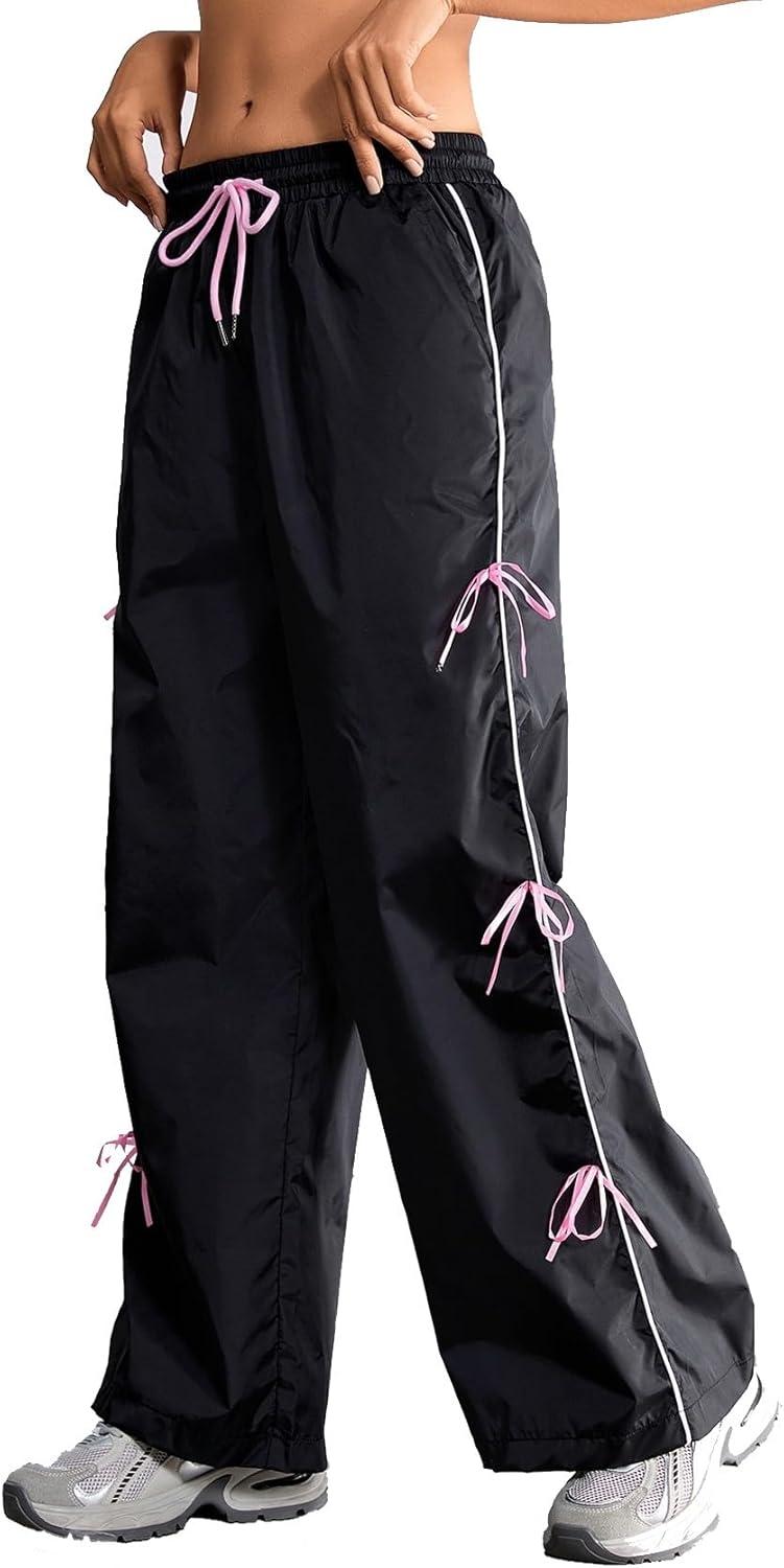 imageSOLY HUX Womens Parachute Pants Y2k Baggy Track Pants Bowknot Wide Leg Sweatpants Loose Casual StreetwearBlack and Pink