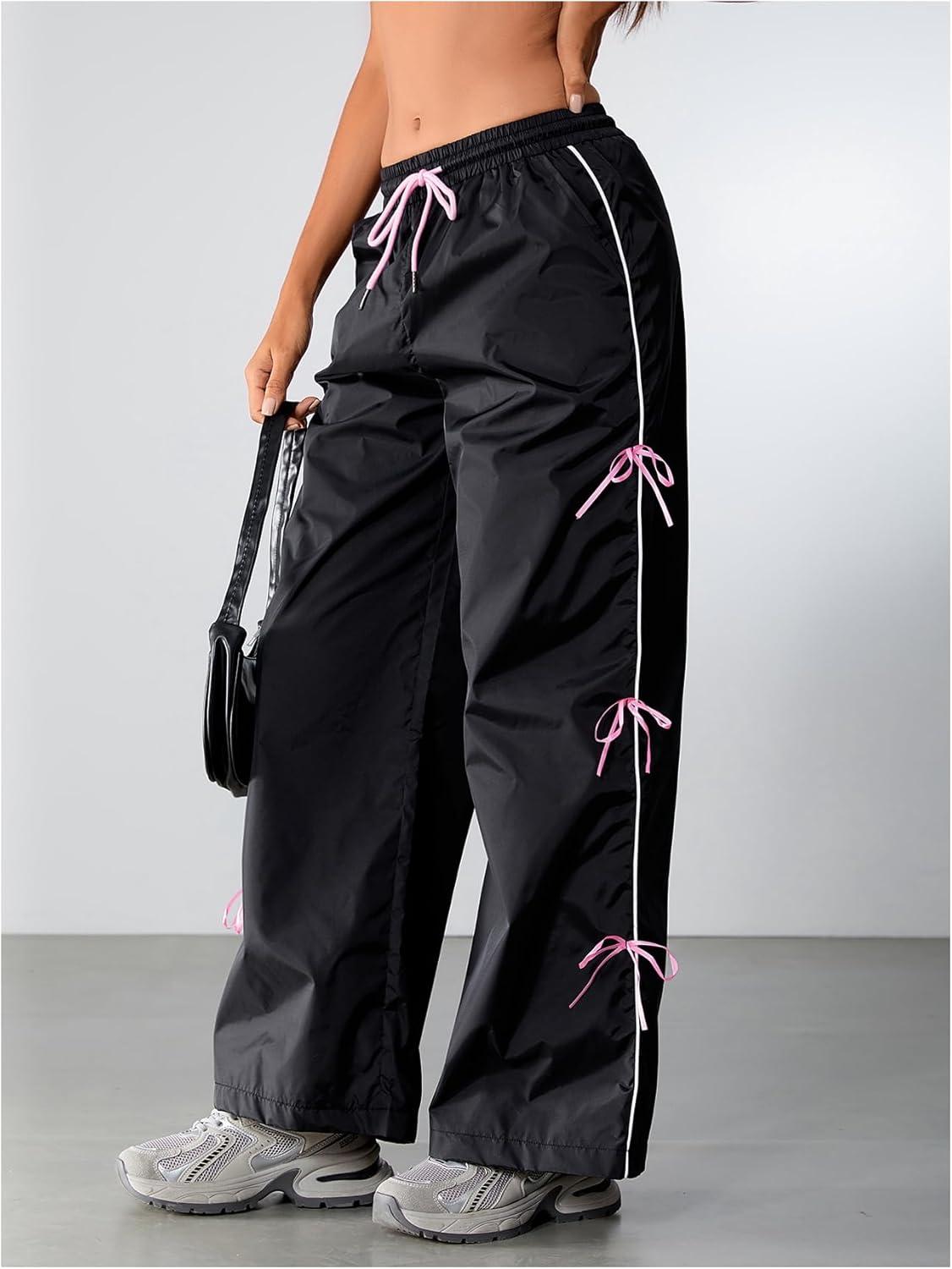 imageSOLY HUX Womens Parachute Pants Y2k Baggy Track Pants Bowknot Wide Leg Sweatpants Loose Casual StreetwearBlack and Pink