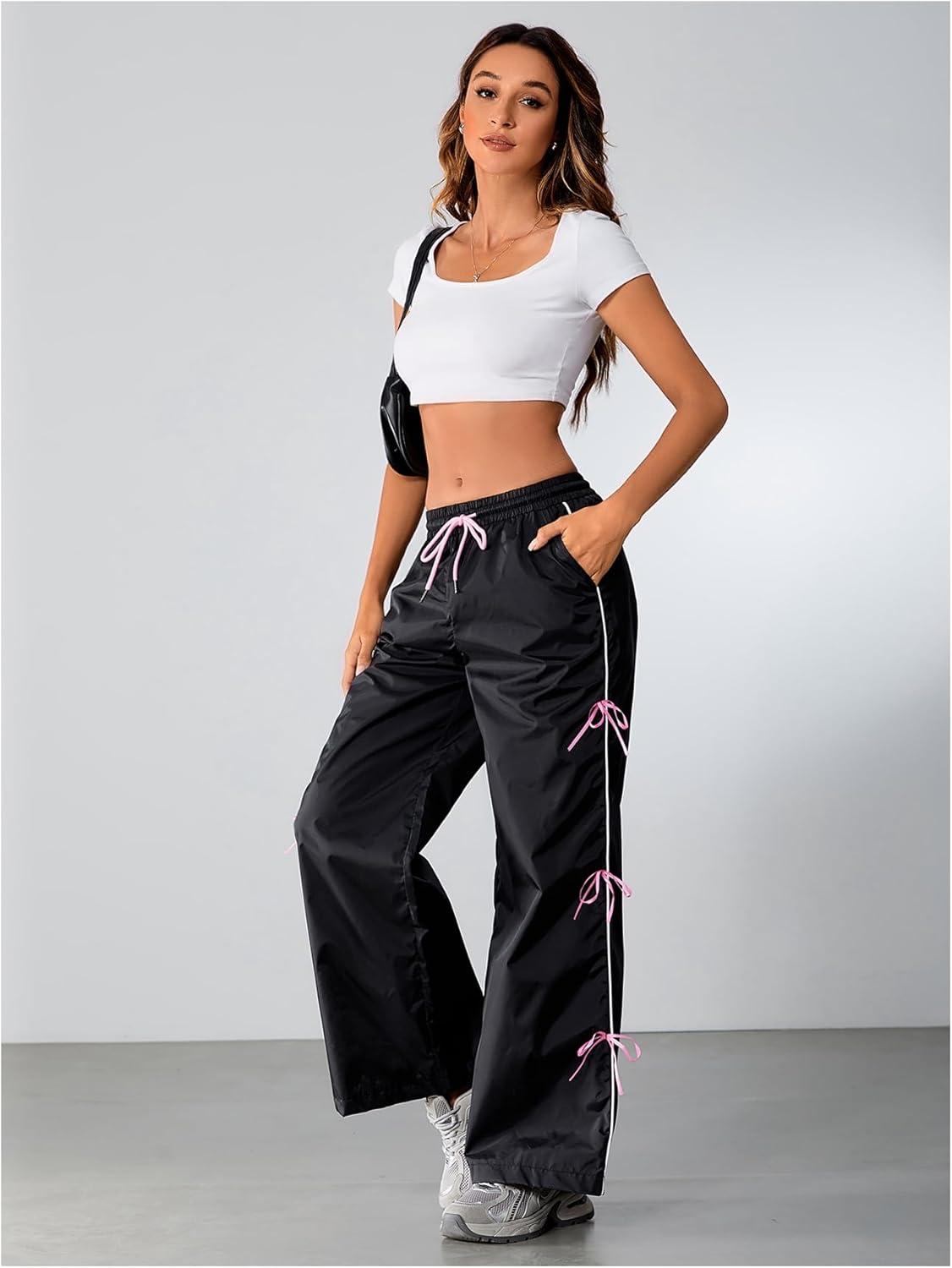 imageSOLY HUX Womens Parachute Pants Y2k Baggy Track Pants Bowknot Wide Leg Sweatpants Loose Casual StreetwearBlack and Pink