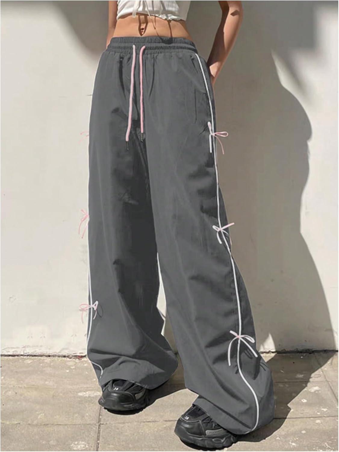 imageSOLY HUX Womens Parachute Pants Y2k Baggy Track Pants Bowknot Wide Leg Sweatpants Loose Casual StreetwearDark Grey and Pink