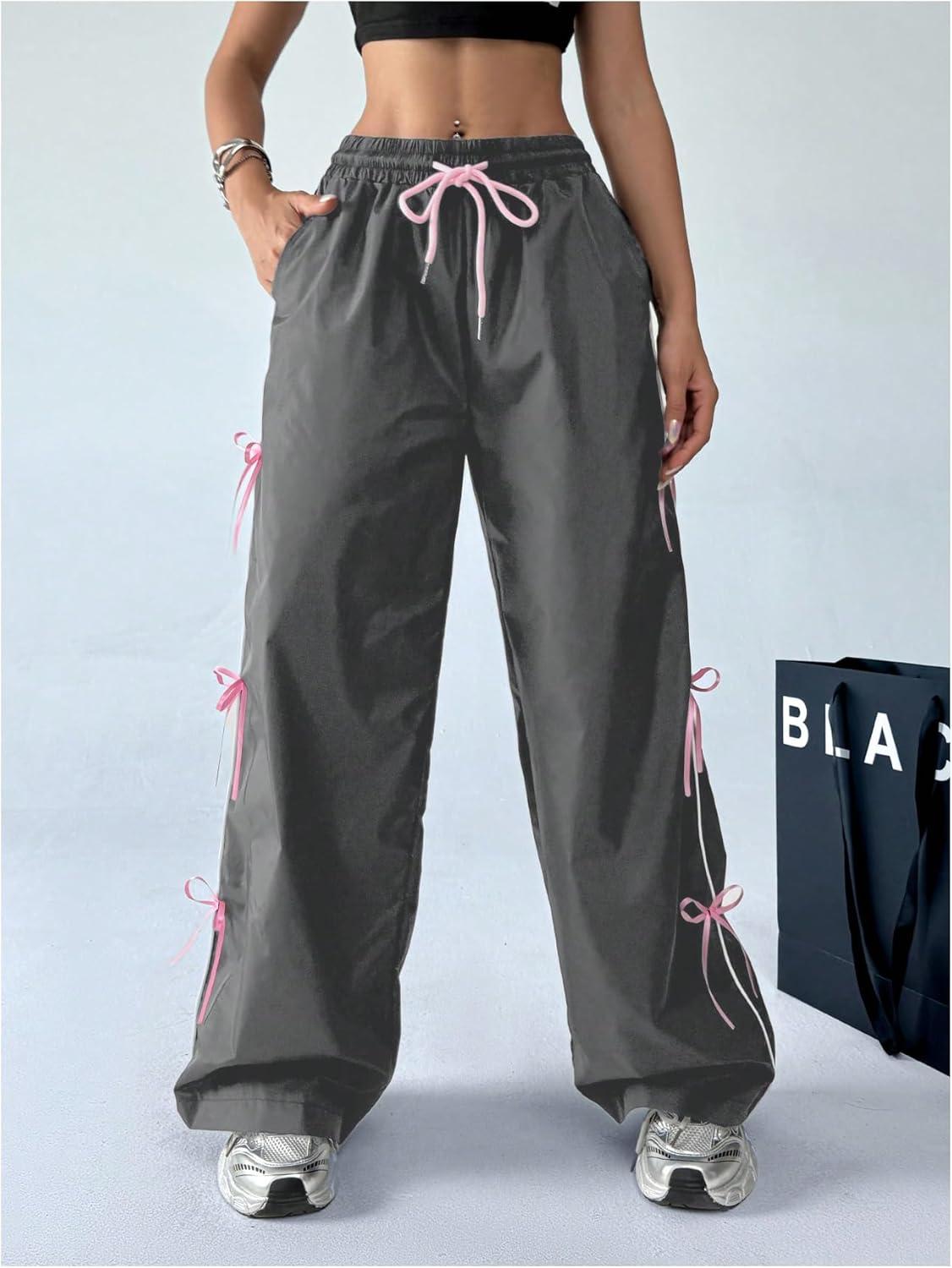imageSOLY HUX Womens Parachute Pants Y2k Baggy Track Pants Bowknot Wide Leg Sweatpants Loose Casual StreetwearDark Grey and Pink