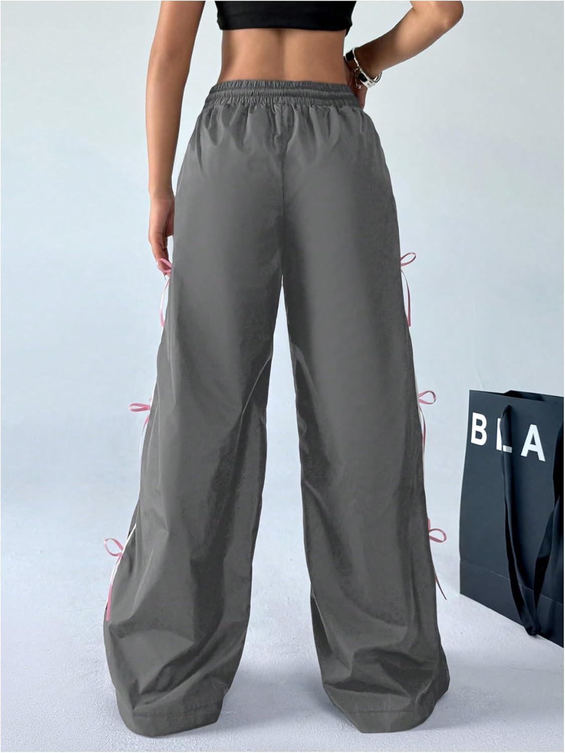 imageSOLY HUX Womens Parachute Pants Y2k Baggy Track Pants Bowknot Wide Leg Sweatpants Loose Casual StreetwearDark Grey and Pink