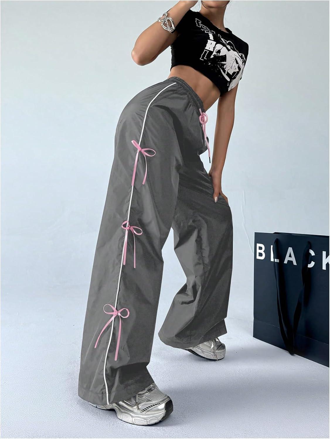 imageSOLY HUX Womens Parachute Pants Y2k Baggy Track Pants Bowknot Wide Leg Sweatpants Loose Casual StreetwearDark Grey and Pink