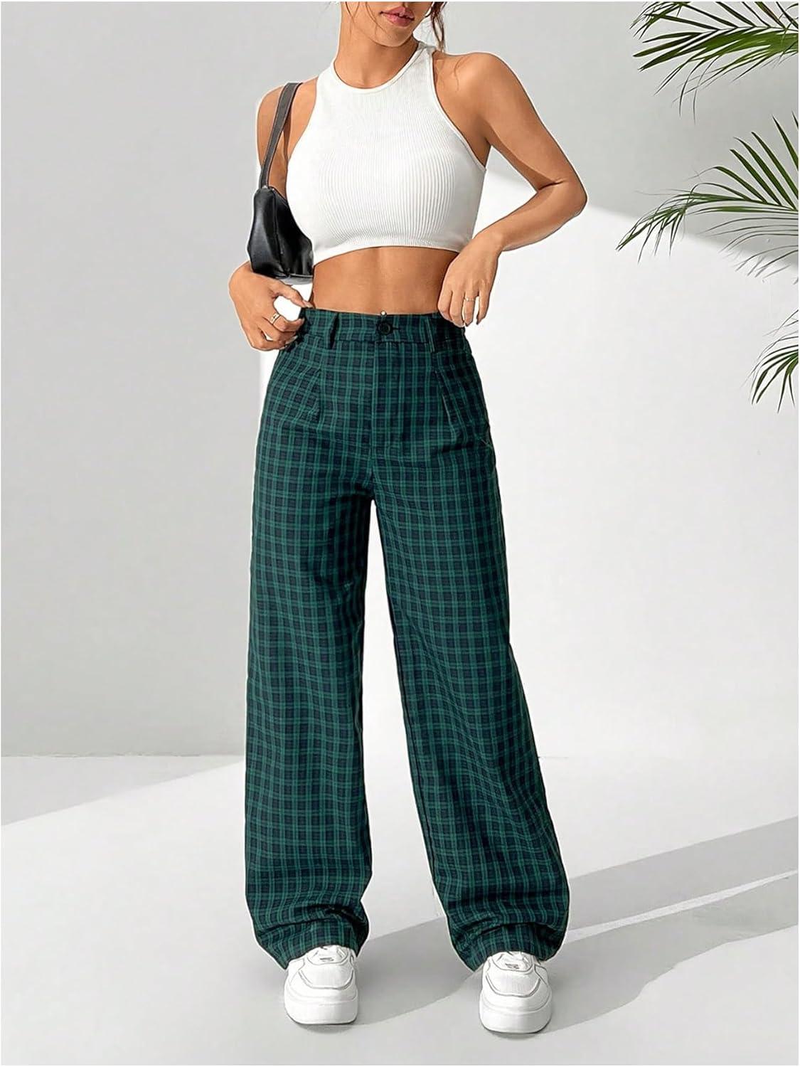 imageSOLY HUX Womens Plaid Pants High Waisted Wide Leg Casual Loose Long Trousers Green Gingham XSmall